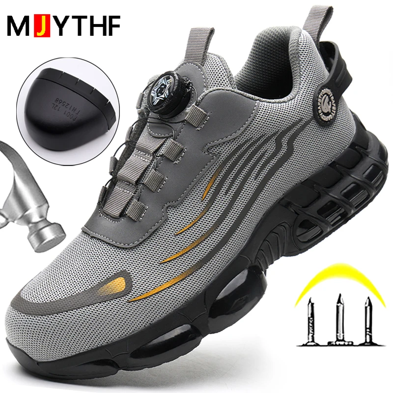 Grey Rotating Button Men\'s Sports Shoes Steel Toe Protective Boots Safety Shoes Men Puncture-Proof Work Shoes Non-slip Men Boots