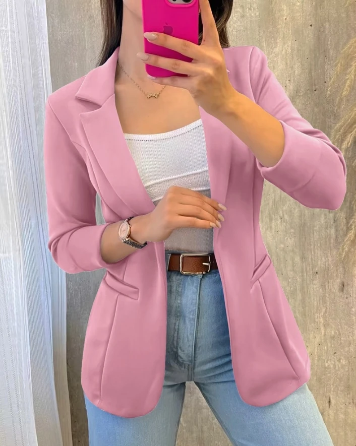 Pink Collar Slim Fit Suit with Open Collar Long Sleeved Sports Jacket Solid Color Versatile Coat for Autumn Winter Commuting