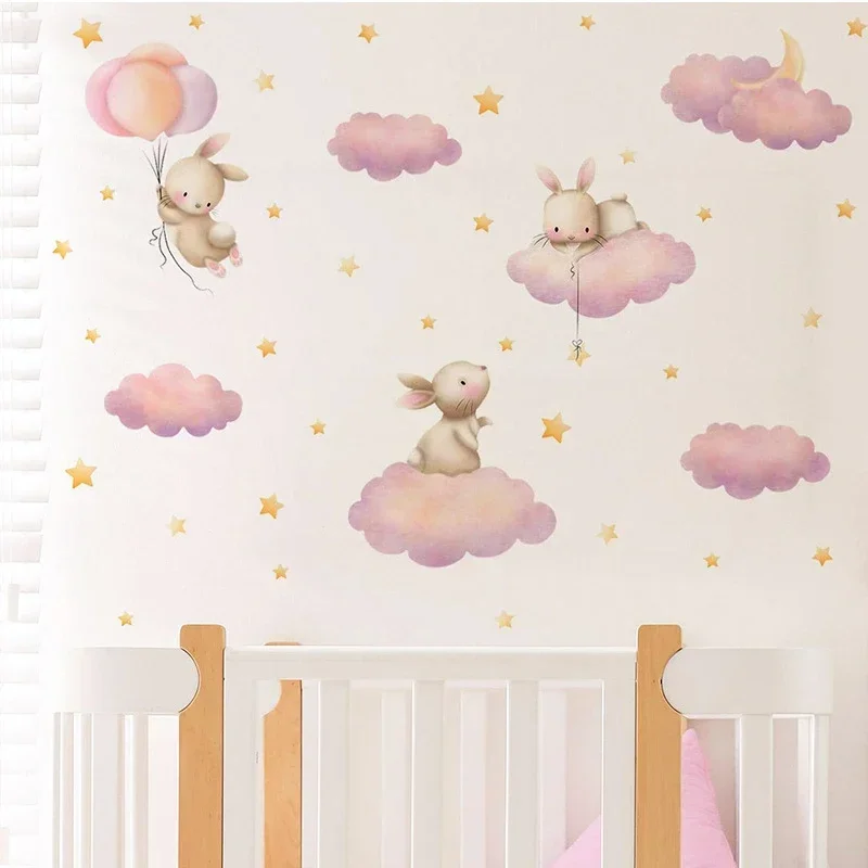 Kawaii Cartoon Bunny Pink Clouds Stars Watercolor Children Stickers Vinyl Nursery Wall Decals Kids Girls Baby Room Home Decor