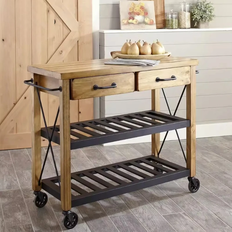 

American solid wood movable island dining cart wrought iron sideboard workbench kitchen operation table with wheels