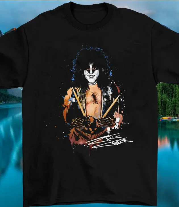 Music Star Eric Carr Ciężka bawełniana czarna klasyczna koszulka w pełnym rozmiarze