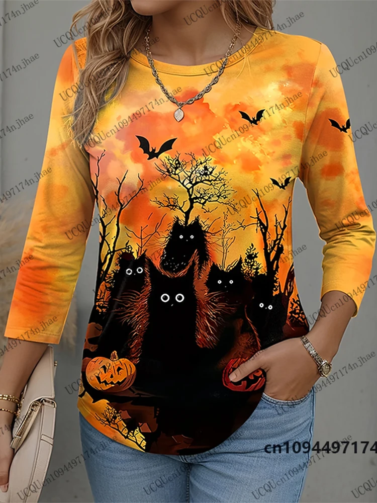 2026 New Halloween Horror Cat Print Long Sleeve T-shirt For Women Autumn Fashion O-neck Tees Casual Clothes Loose Oversized Tops