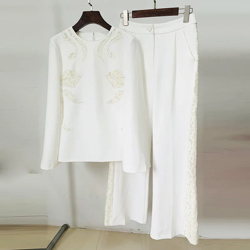 Tesco New Lace Embroidery O Neck Women's Tops With Flare Sleeve Full Length Pants Sets White Casual Loose Women's Outfits