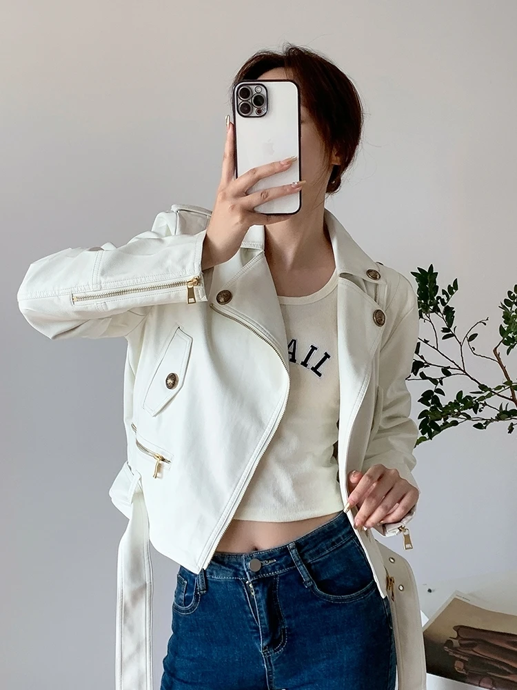 Spring Autumn Short Loose Cool Stylish Green Black White Faux Leather Biker Jacket Women Zipper Belt Long Sleeve 2023