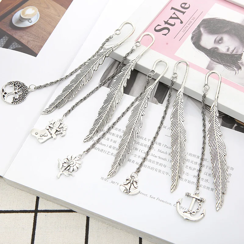 Vintage Leaf Bookmark Silver Metal Feather Books Clip Specimens Pendant Reading Bookmarks Creative Gift DIY Decorative