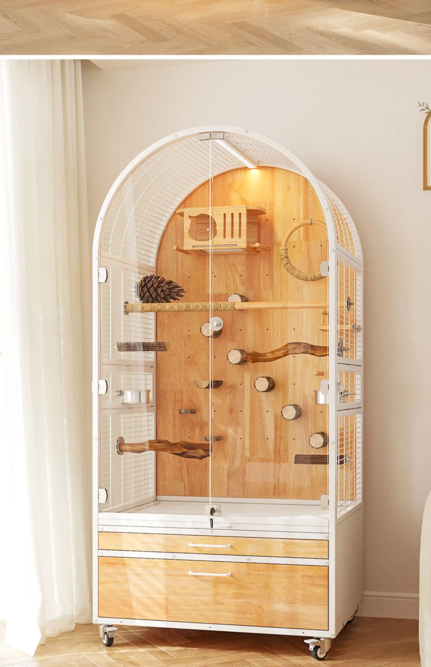 Barokke tuinpapegaai vogelkooi villa groot huis massief hout met roestvrij staal spatwaterdicht ecologisch ontwerp