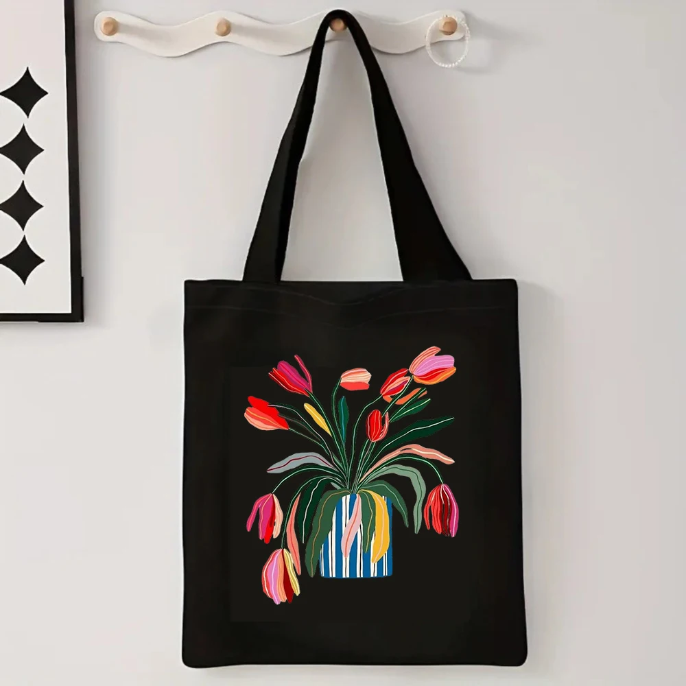 Bloom and Shine Floral Tote Colorful Flower Print Uplifting Botanical Graphic Bag Cotton Blend Shoulder Bag