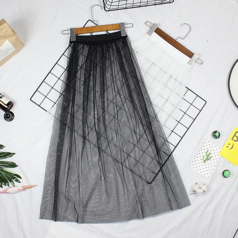 2023 Korean Style Fashion Summer Long Sheer Mesh Skirt For Women See Through Black White A Line  Tulle Maxi  y2k Skirt