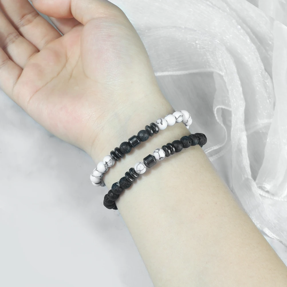 6mm Elastic Rope Bracelet 2 Pcs Set Boho Lucky Stackable Couple Matching Casual Daily Wear Wrist Jewelry Gifts For Men And Women