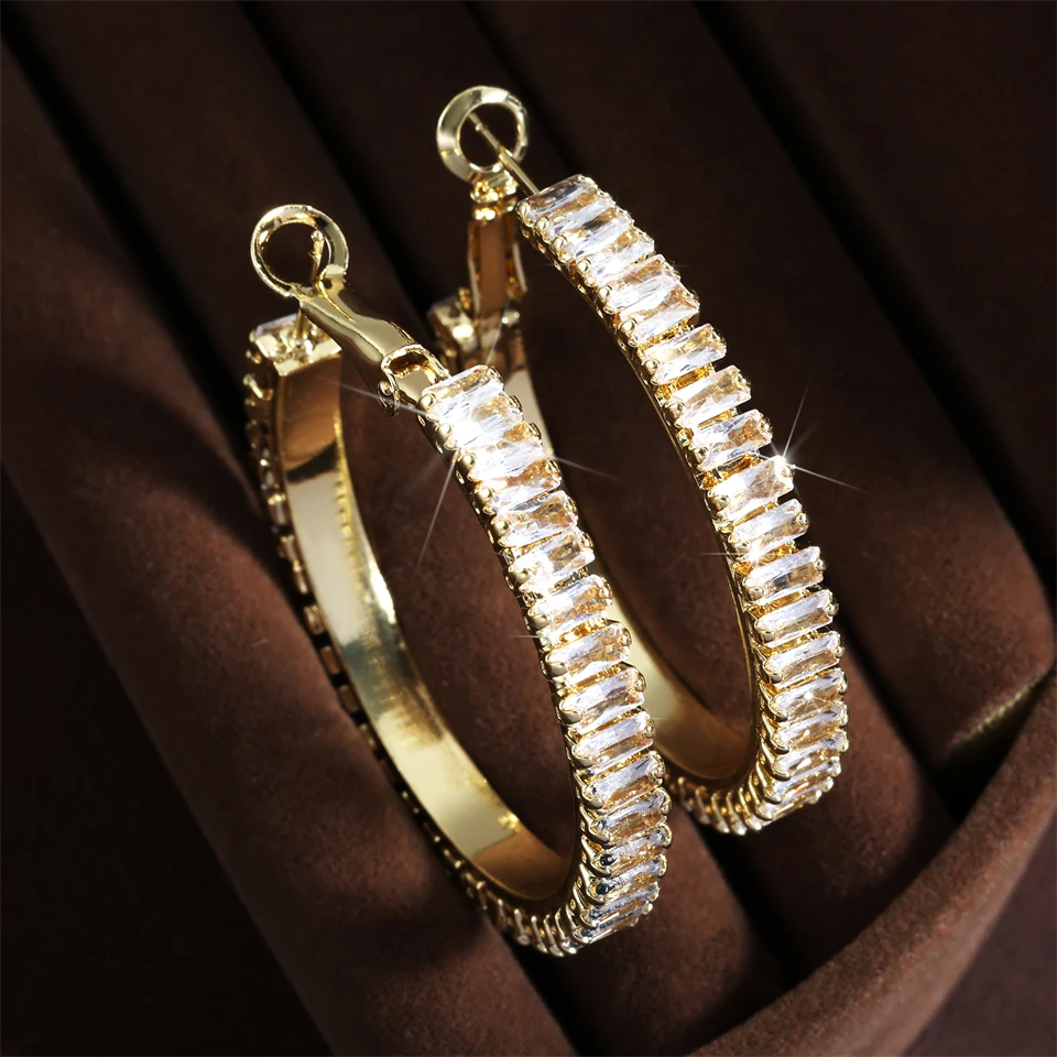 RAKOL New French Large C Shaped Inlaid Square Shiny Zircon Earrings For Women Elegant Evening Fashion Gold Color Buckle Jewelry