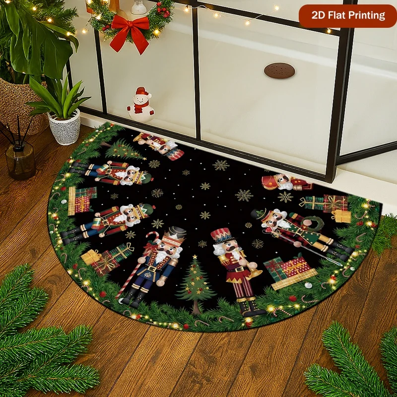 VIKAMA Christmas Green Semicircle Door Mat Non Slip Absorbent Rug for Entryway Kitchen Bedroom Holiday Home Decor Washable Mat