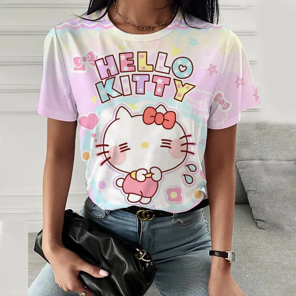 New Hello Kitty Kuromi print Short Sleeve T Shirt Fashion Women T-shirt Cartoon Graphic Tee Shirts Female Tops Clothing