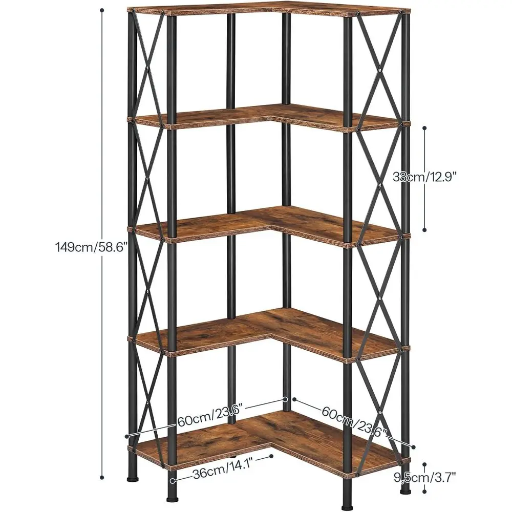 5-Tier L-Shaped Bookshelf, Industrial Style Open Display Storage, Tall Rack for Living Room/Home Office, Rustic Brown & Black