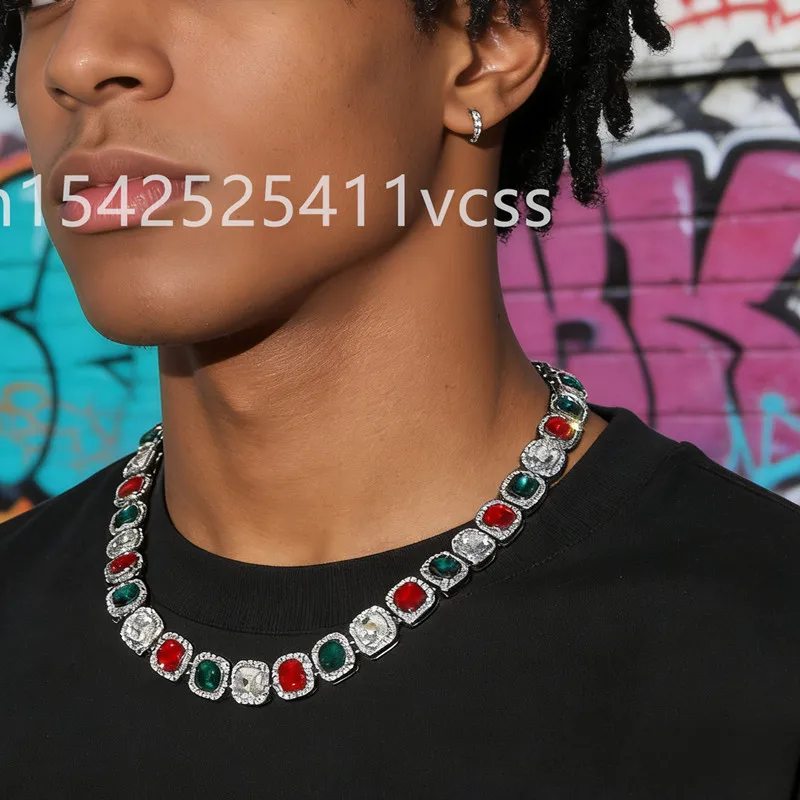 Hip Hop Luxury Square Colorful Rhinestones CZ Tennis Chain Choker Necklace Male Femalebling Punk Bracelet Jewlery Couple Gift