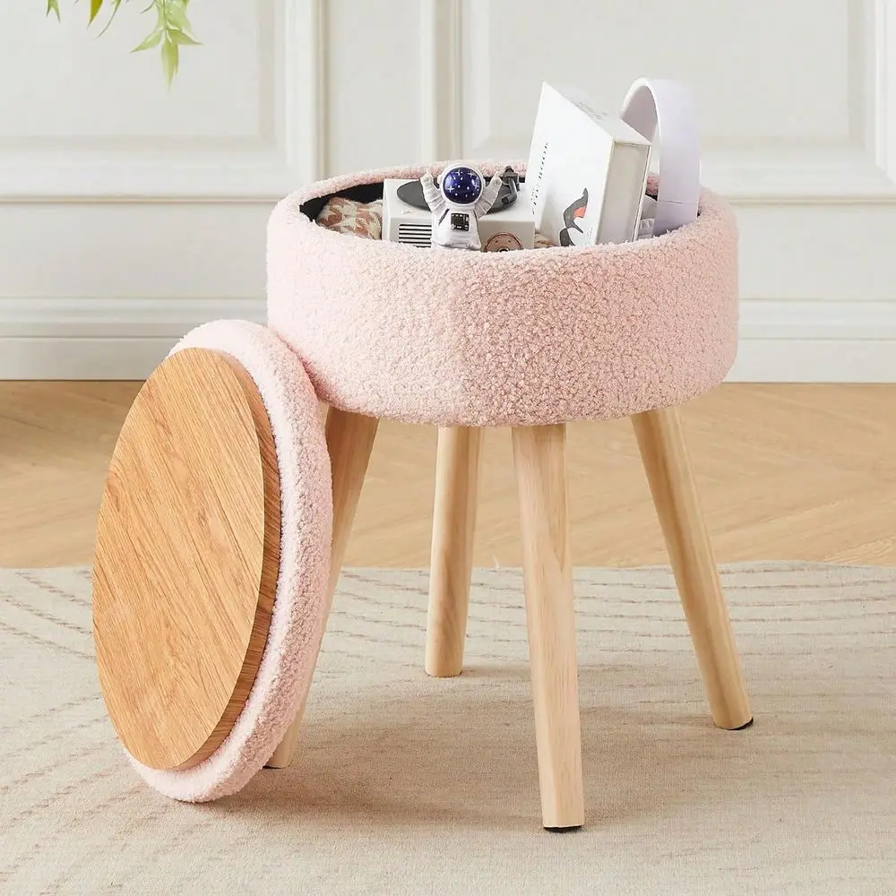 

Ottoman Foot Stool Teddy Velvet Round Vanity Stool Tray Top Footstool With Wood Legs holstered Foot Rest Ottoman For Living R