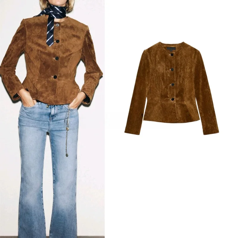 New Autumn Women's round Ne Long Sve A-Line Hem PU Leather Jaet Outerwear Sli Commute Slim Fit Polyester Fiber