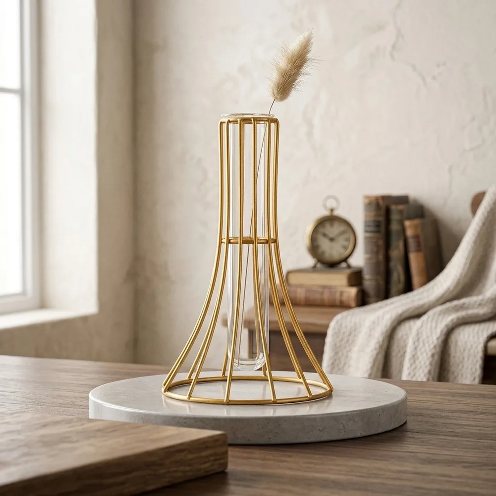 Space Saving Iron Plant Stand with Square Glass Vase for Root Observation 9.5x9.5x15.5cm Desk or Side Table Use