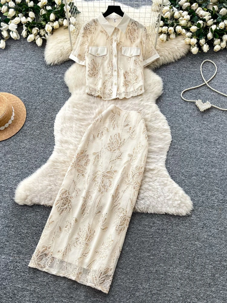 

Commuting style elegant lace embroidery two-piece set women's summer new laole collar shiort high waist slim fit long skirt