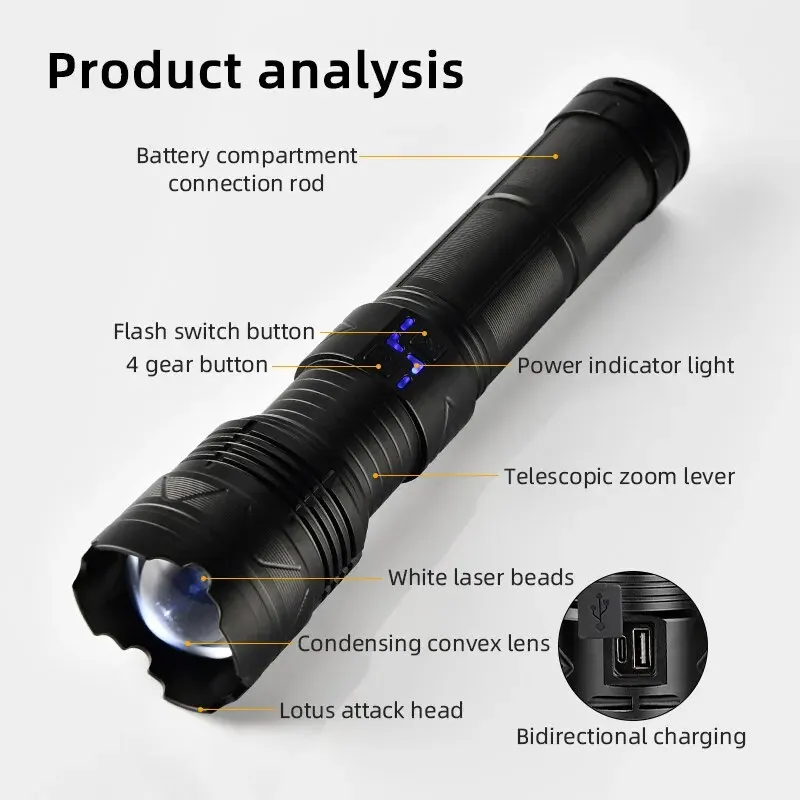 充電式LEDズーム懐中電灯,強力な懐中電灯,ランタン,USB充電式,トーチ