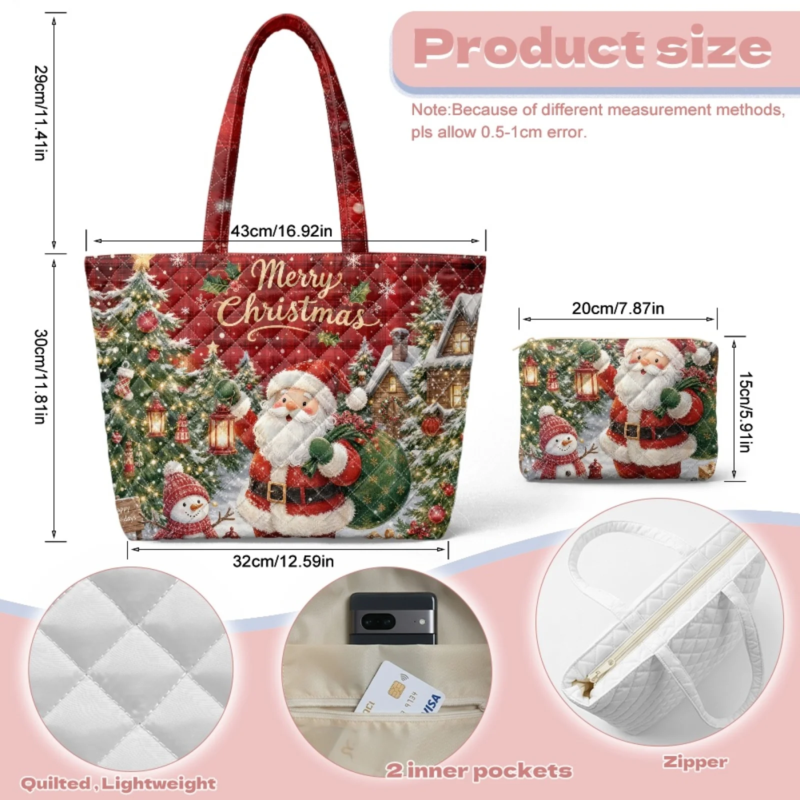 Coloranimal Merry Christmas 2 Pcs Embroidered Quilted Tote Bag with Matching Wallet, for Casual Outings Holiday Excursions