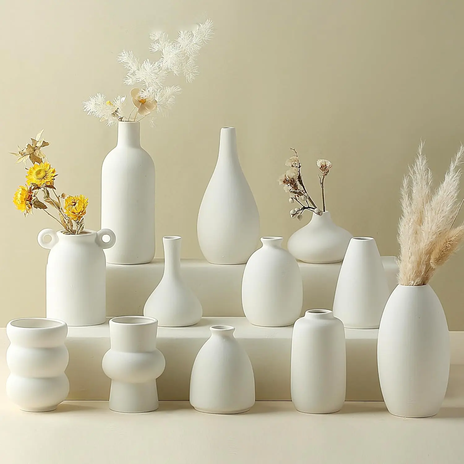 Set Of 12 White Ceramic Bud Vases For Pampas Grass Flowers, Japandi Small Vases In Bulk For Centerpieces Boho Vases For Wedding