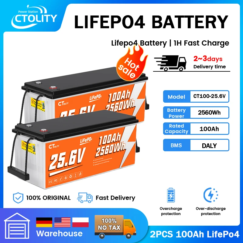 

CTOLITY 25.6V 100AH LiFePo4 Battery Pack 2560Wh 4000 Cycle Grade A 100Ah BMS Home Rechargeable Energy Storage Battery Camping RV