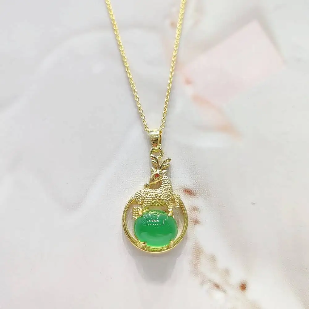 Miedziane inkrustowane chryzoprazy naturalne Jade chalcedon naszyjnik wisiorek jeleń moda kobiety Charms biżuteria prezenty