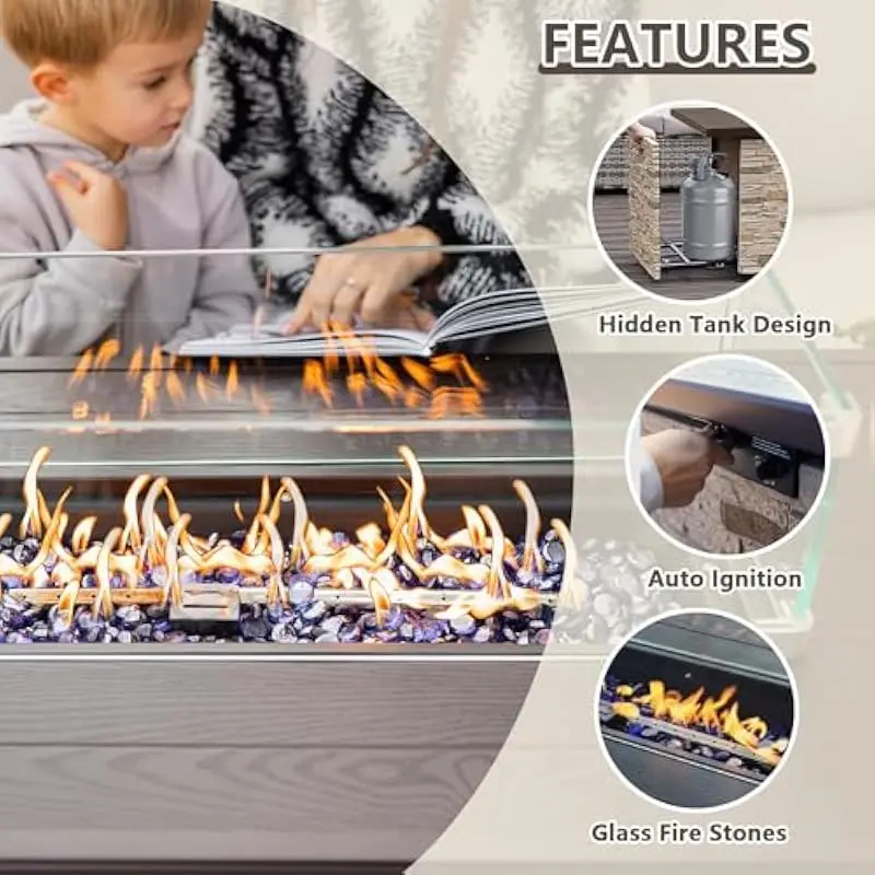 43 Inch Rectangular Outdoor Fire Table with CSA Certified Propane Burner • 50000 BTU Stainless Steel Heating System • Faux Stone
