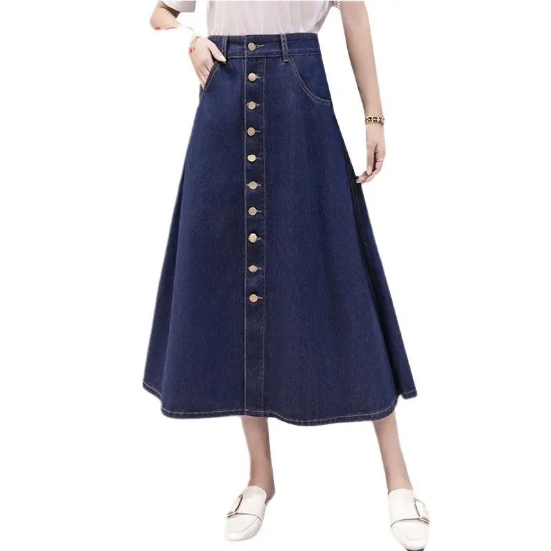 

UHYTGF Jeans Skirt Women Denim Skirts Fashion Loose Size Women Clothes high Waist Skirt Single-breasted Casual Blue Skirts 809