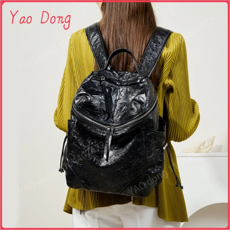 Yao Dong Burminsa Pleated Cowhide Genuine Leather Backpack For Women 2025 Luxury Designer College Girls School Bags Black Travel