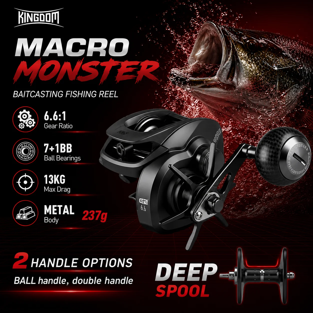 Kingdom Macro Monster Baitcasting-Angelrolle Aluminiumrahmen 6.6:1 Max. Bremskraft 13KG 7+1BB Zwei Griffe zur Auswahl für Süß-/Salzwasserangeln