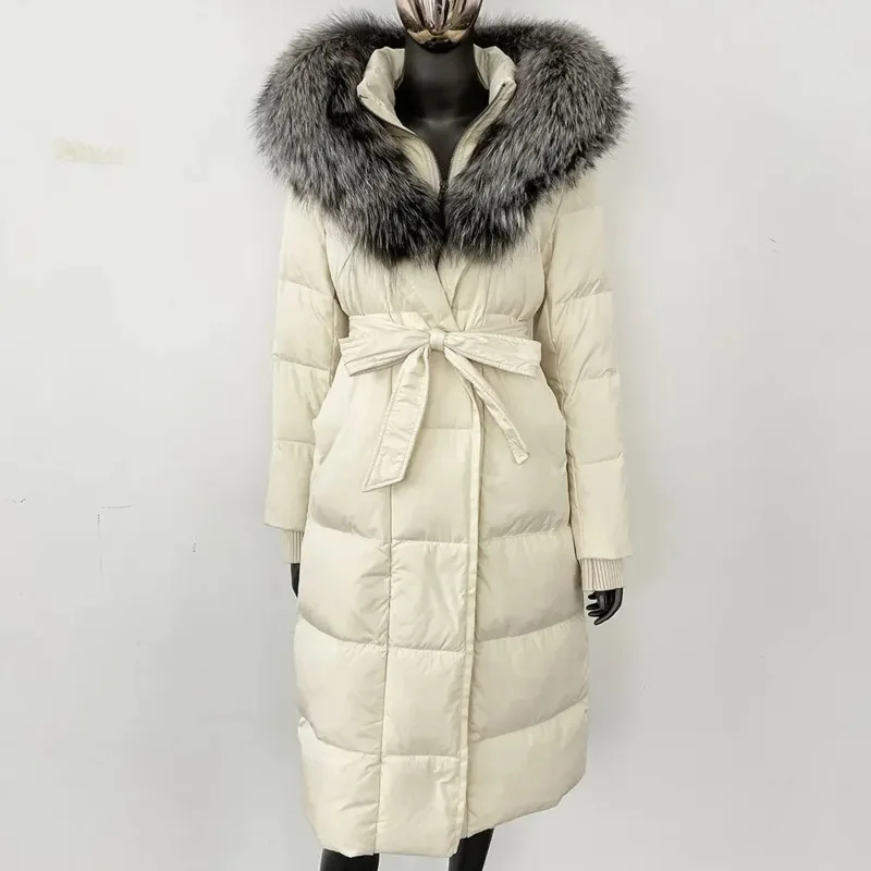 HUISONG Long Hooded Puffer Jacket Women New Winter Warm White Goose Down Jacket Women Real Fox Fur Coat Female Natural Fur Coat
