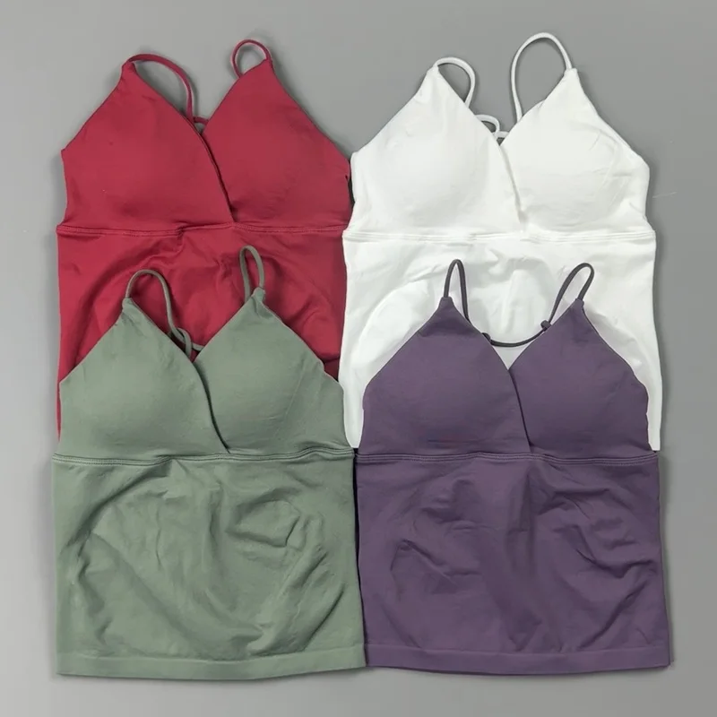 Women Cross Back Thin Strap Yoga Tank Top Padded Longline Sports Bra Seamless Soft Slim Fit Gym Pilates Workout Fitness Camisole