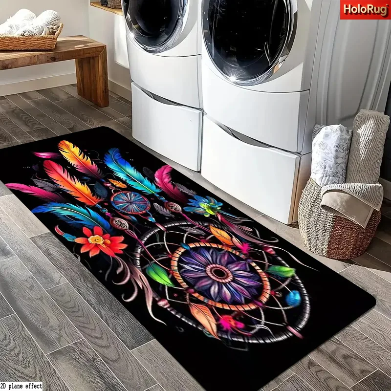 Colorful Dreamcatcher Feather Kitchen Bath Mat, Non-Slip Soft Absorbent Long Floor Rug with Boho Floral Print for Bohemian Home