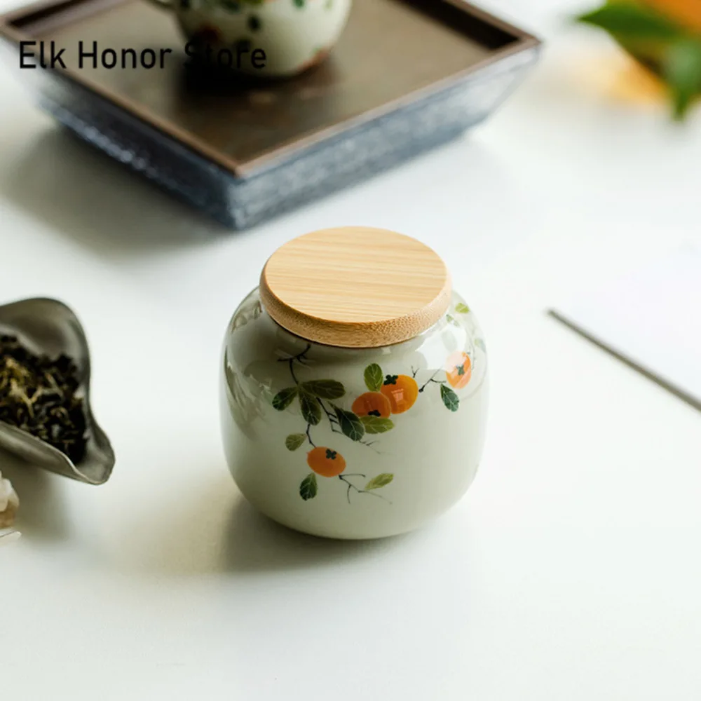 Pure Hand-painted Persimmon Ceramic Tea Caddy Leaf Jar Sealed Moisture-proof Mini Storage Portable Small Tea Box Organizer Tank