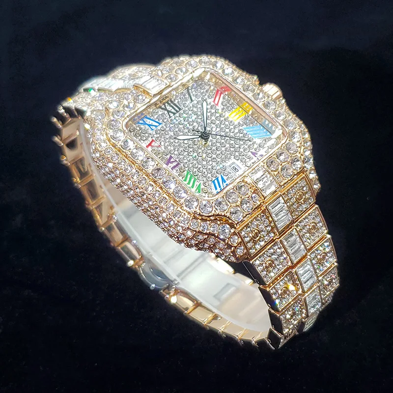 2025 New Luxury Diamond Watch Men Fashion Bling Iced Out Square Quartz Watches Rap Hip Hop Rose Gold Relogio Masculino for Party