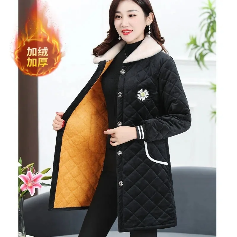 Corduroy Padded Jacket Middle-Aged And Elderly Mother\'s Fleece Coat Loose Mid-Length Quilted Coat Women Autumn Winter Coat