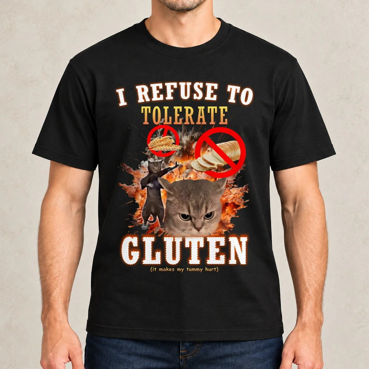 I Refuse to Tolerate Gluten Funny Cat Meme T-Shirt man t shirt cotton high quality t shirts designer T-Shirt