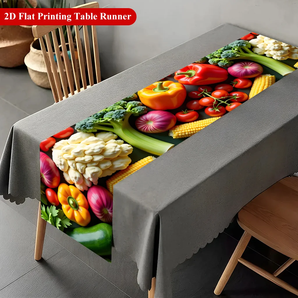 1pc 2D Table Runner, Plentiful Fresh Vegetable Display Rectangular Polyester Table Runner, Holiday Kitchen & Dining Table Decor