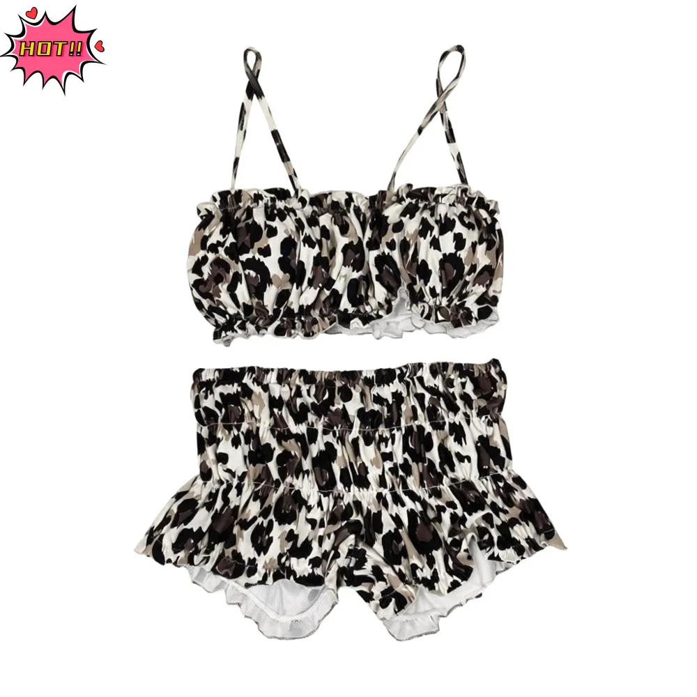 

Fashion Vintage Women Swimsuit Leopard Print Neckband Style Beach Bikini 2-Piece Set Padded Sexy Swimsuit Summer Resorts