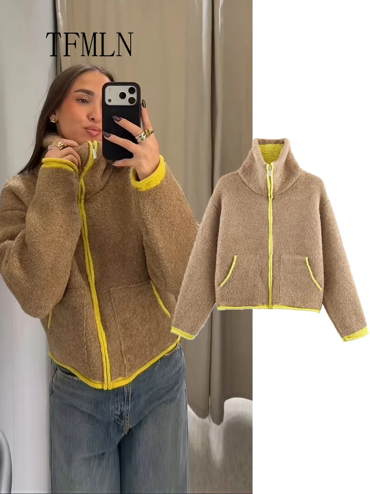 

TFMLN 2025 Autumn Winter Knitted Sweater For Women Causal Stand Collar Warm Cardigan Tops Retro Loose Zipper Pockets Knitwear