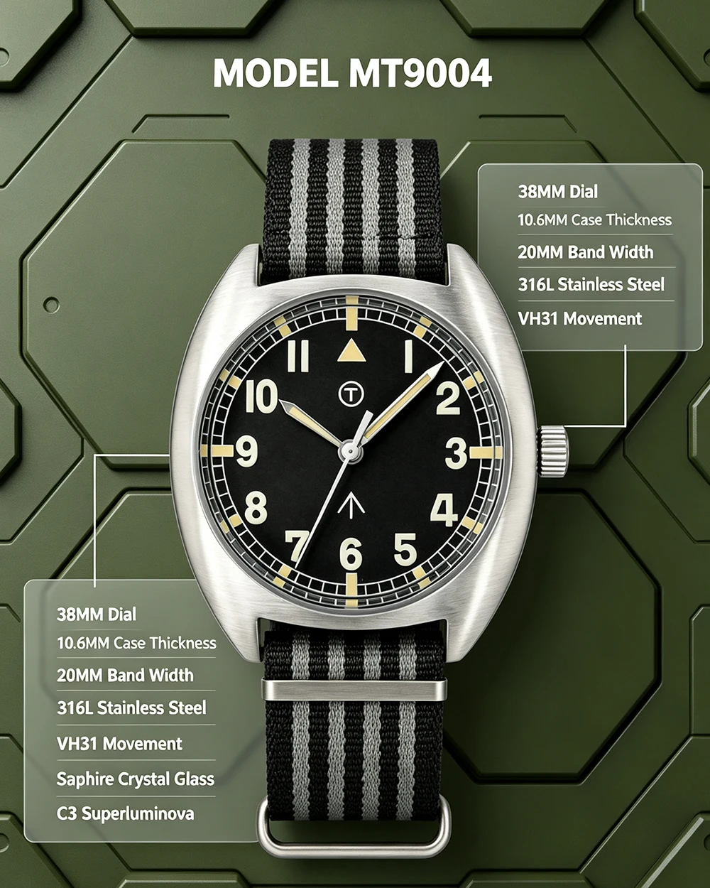 MILITREK MT9004 Vintage-Militär-Quarzuhr, 38 mm, 316L-Edelstahl, 100 m wasserdicht, Saphirglas, C3, leuchtende Herren-Felduhr – Detail 4