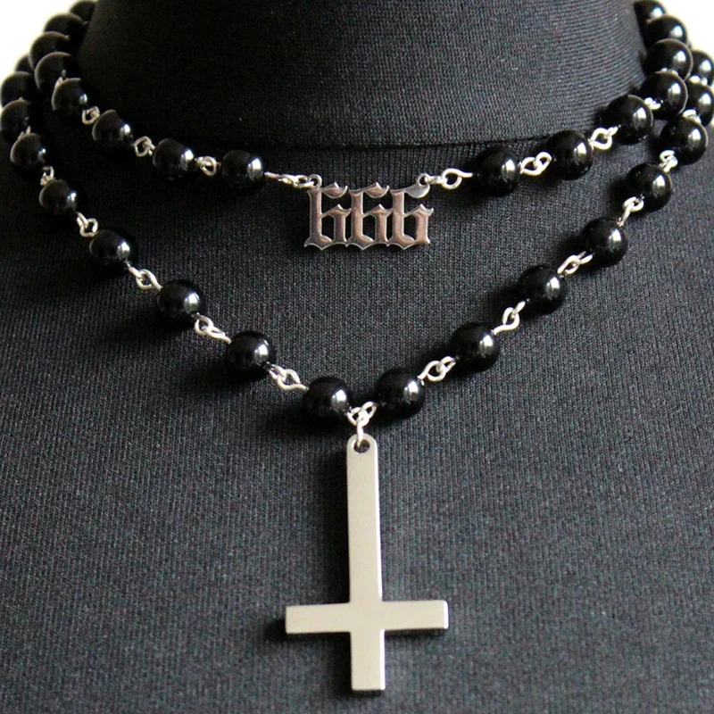 القوطية الوردية الصليب سحر المختنق موضة مقلوب الصليب 666 رمز الهيب هوب مجوهرات بسيطة هدية الأسود سلسلة من الخرز قلادة الاتجاه الجديد