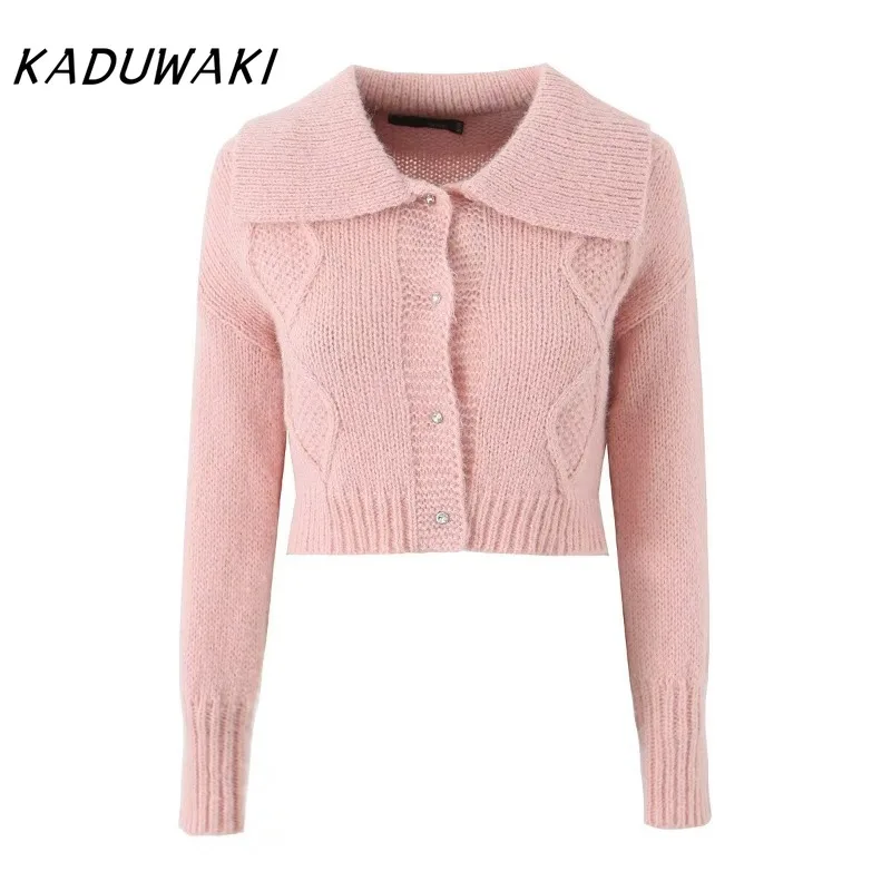 KADUWAKI Spring Women V Neck Short Warm Grey Sweater Cardigans Winter New Single Breasted Commuter Sweaters Gentle Beige Top Y2k