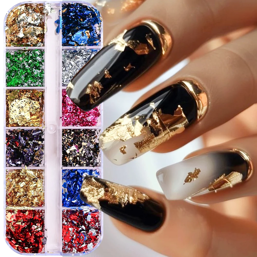 Holographic Nail Glitter Foils 12 Colors Sparkly Ultra-Thin Aluminum Foil Nail Art Flakes Irregular Foils Nail Charms Decoration