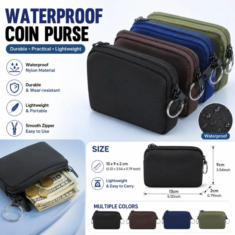 Waterproof mini durable change bag, portable travel zipper, coin purse clip and ID card holder, small handheld wallet
