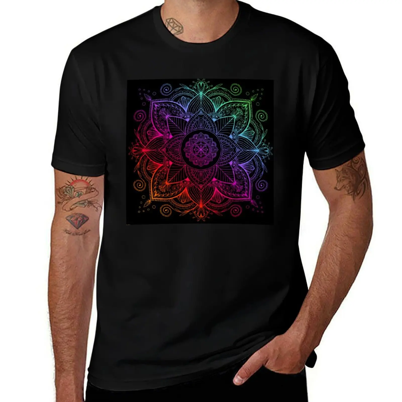 

Rainbow mandala on black background T-Shirt luxury designer valentines boutique clothes mens graphic t-shirts