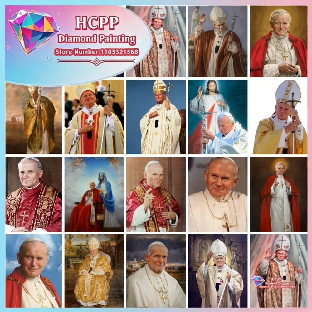 Heiliger Papst Johannes Paul II Katholisches Diamant-Malerei-Set Quadratische Runde Diamanten 5D DIY Mosaik Handgemachte Kunst Exquisites Geschenk Heimdekoration