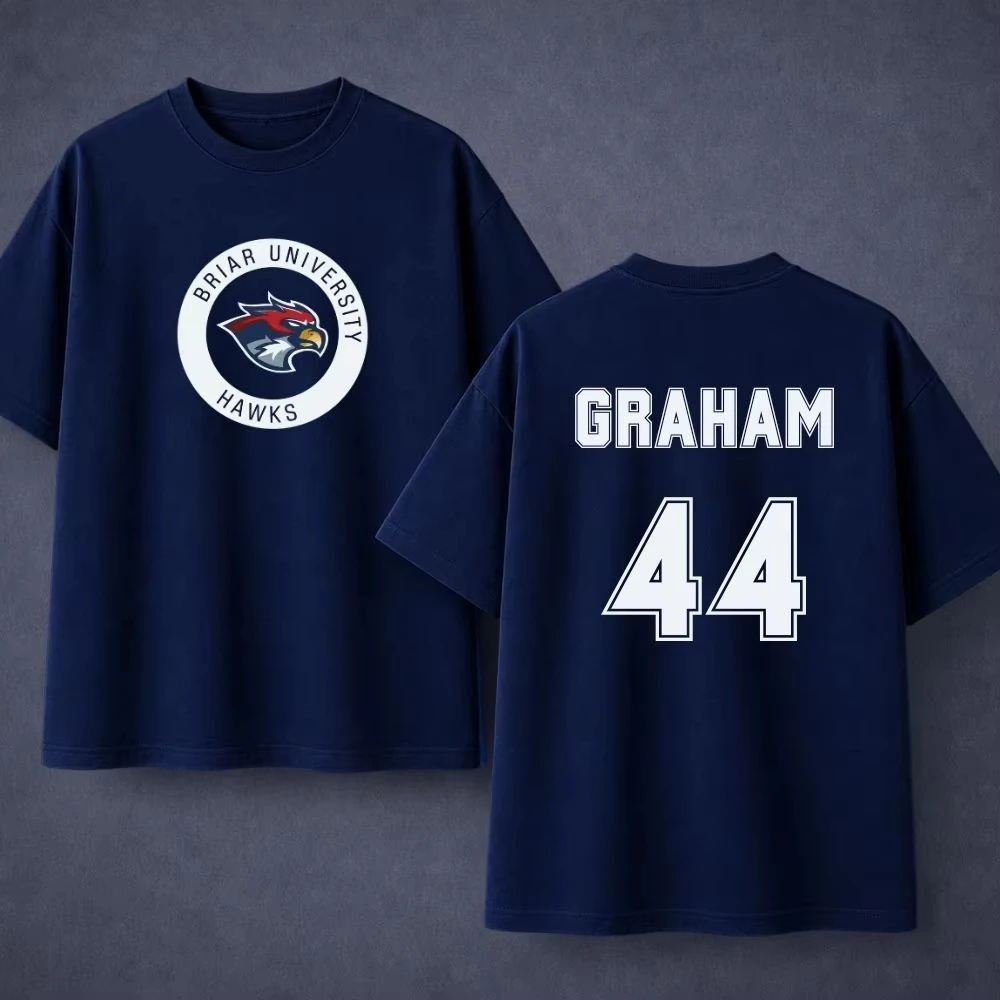 2026 Summer Off Campus Briar University Hawks Graham 44 Graphics Cotton Unisex Shirt High Quality Men's O-neck Ice Hockey Tshirt