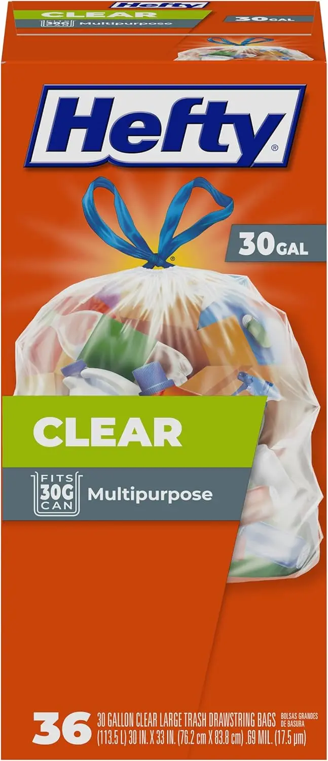 Clear 30 Gallon Trash Bags, 36 Count, Strong Drawstring for Secure Waste Disposal